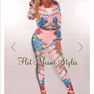 Pink Floral Print Track Suit Two Piece Set
